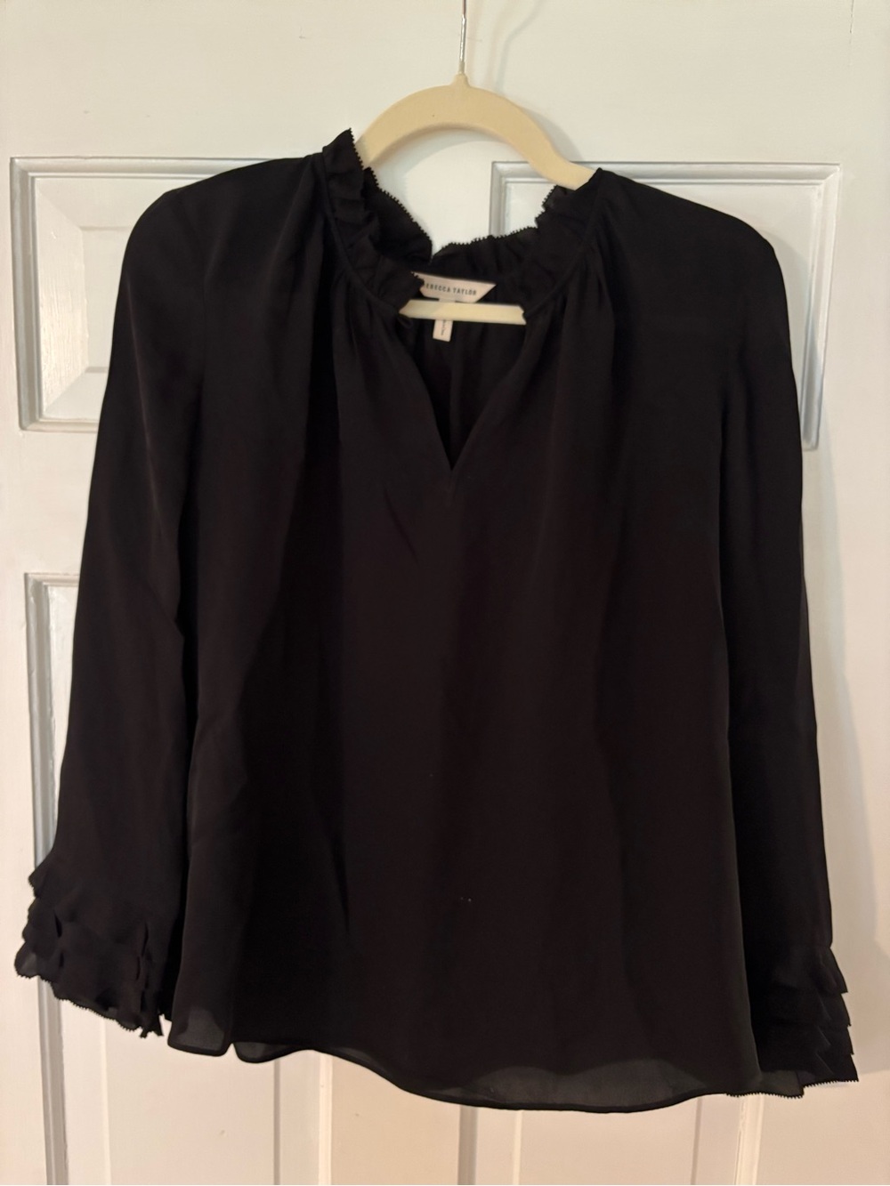 Rebecca Taylor Black Long-Sleeve Ruffle Neck Blouse